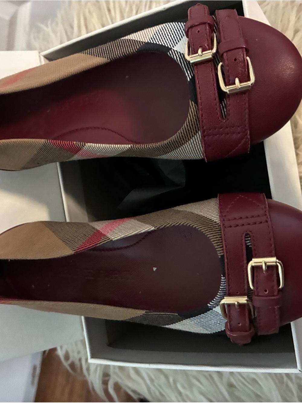 Burberry Girl’s Burgundy Plaid Ballet Flats